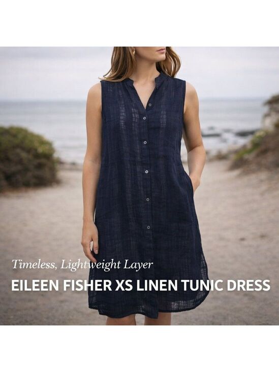 Eileen Fisher Dresses & Skirts - Eileen Fisher XS Linen Sleeveless Tunic Navy Lightweight Layering Dress